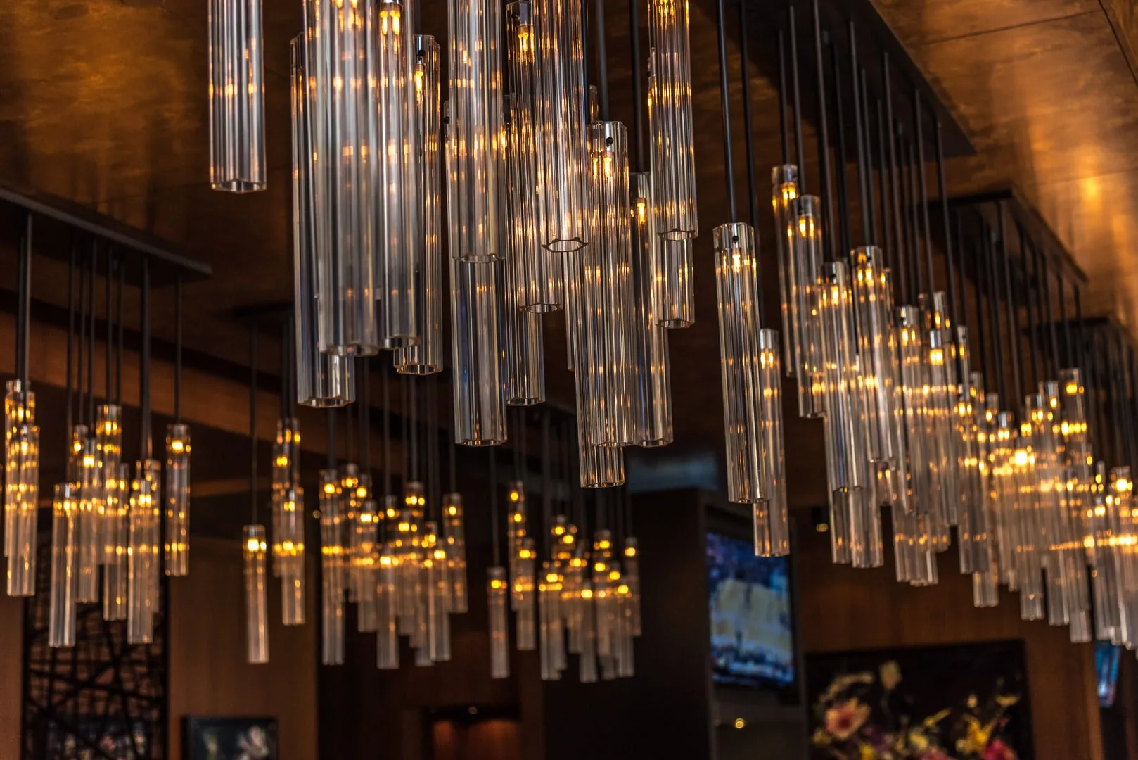 Keg Steakhouse bar with a cascading glass-rod chandelier